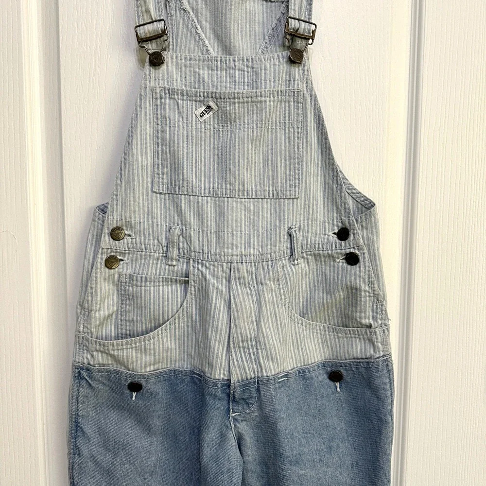 Guess Overalls Womens 1 VTG‎ 90s Pinstriped Colorblock Denim Made in USA Coastal